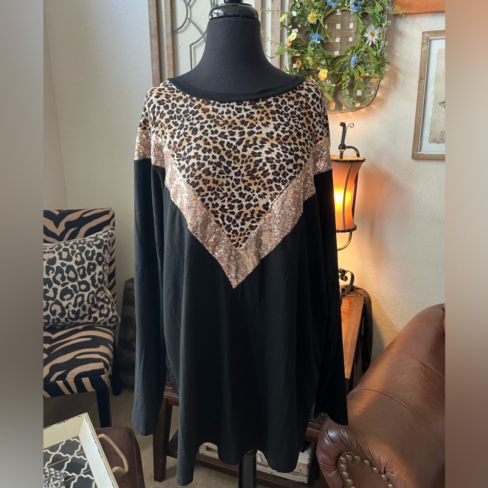 Leopard/Sequin Long Sleeve Tee